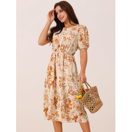 Seta T Women's Summer Casual Floral Dress with Pockets Puff Sleeve Round Neck Cutout Waist Boho Flowy Midi Dress Medium Orange