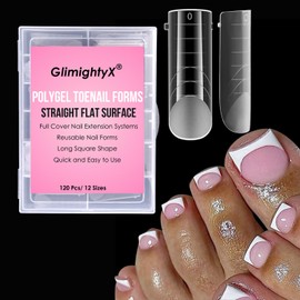 Straight Flat Toe Dual Forms for Polygel,GlimightyX Square Toenail Molds Reusable Natural,Toe Nail Tips for Polygel Builder Gel Acrylic Extension with French Guidelines,12 Sizes 120Pcs