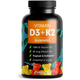Vitamin D3 + K2 Gummies 60x with 1000 IU Vitamin D3 + 40 mcg Vitamin K2 - Optimal High Dose - 100% Sugar-Free and Vegan - Laboratory Tested with Certificate - Supply for 4 Months