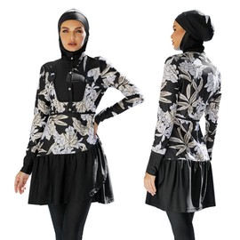 Muslim Swimsuits for Women Modest Islamic Arabic Swimwear Burkini Full Cover Hijab Long Sleeve Muslim Dress Top Pants Set with Swim Cap Sun Protection Rash Guard Bathing Suit Black Floral - Button M