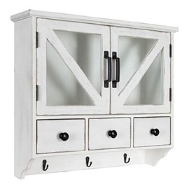 Kate and Laurel Hutchins Decorative Rustic Wood Wall Cabinet, 21" x 6" x 20", White, Farmhouse Decor Organizer with Magnetic Doors and Three Pull-Out Drawers