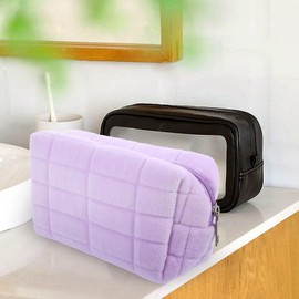 FOMIYES Plush Makeup Bag Purple Cosmetic Pouch Checkered Toiletry Bag Portable Fluffy Washing Pouch for Purse Travel Makeup Brush Storage Organizer