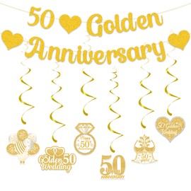 Gidobo 50th Wedding Anniversary Decorations Set, 50 Golden Anniversary Banner, 6 Pieces Hanging Swirls, Glittery Party Hanging Bunting for Couple Parent Anniversary Celebration