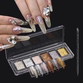 SUTOKAKA Holographic Nail Glitter Foil Sequins 6 Colors Gold Silver Brown Nail Flakes Mud Iridescent Fairy Dust Nail Powder for DIY Paillettes Manicure Nail Art Designs