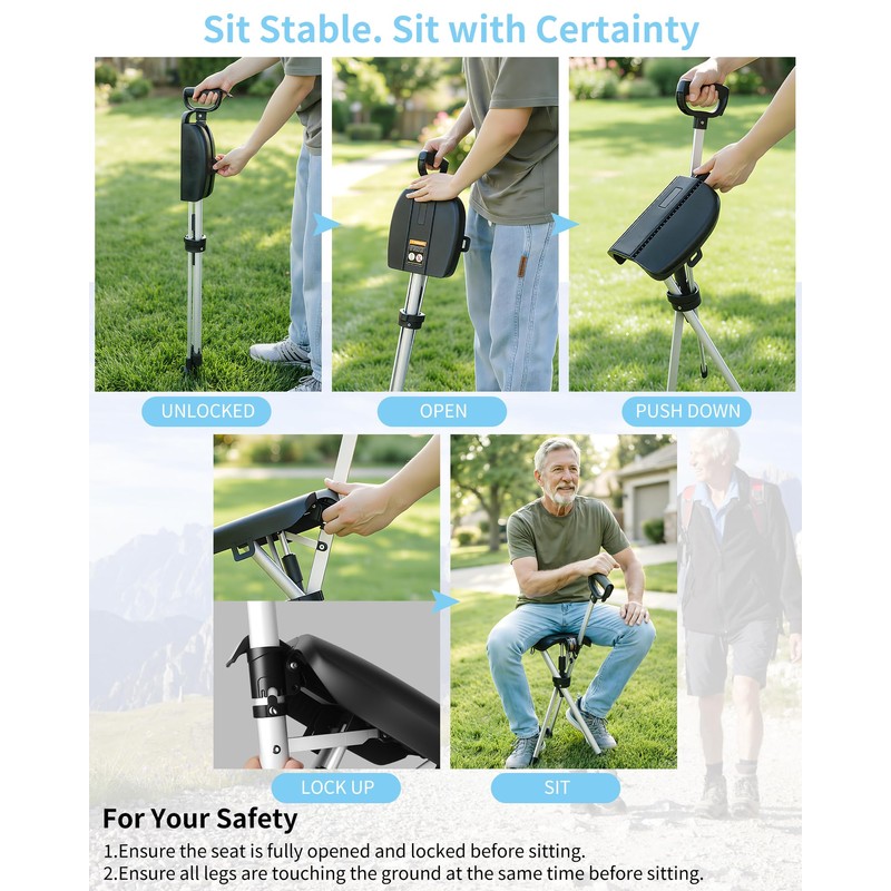 Portable Walking Stick Cane with Seat, Foldable Chair, Lightweight Aluminum,