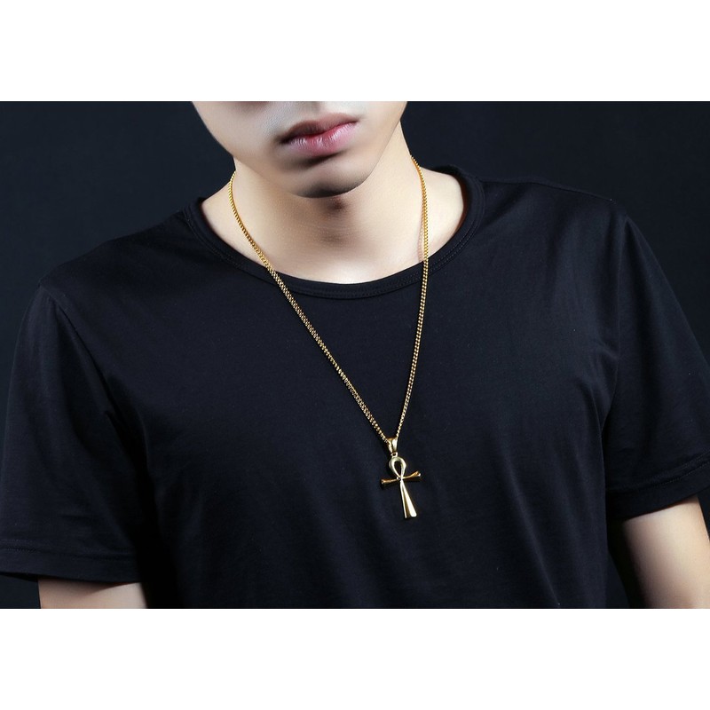 HUANIAN Men's Stainless Steel Coptic Anka Cross Religious Pendant Necklace,