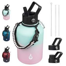 BJPKPK Insulated Water Bottles with Straw Lid, 50oz, 64oz, 87oz, 128oz Large Water Bottle with 3 Lids and Paracord Handle, Stainless Steel Metal Water Bottle, Insulated Water Jug,Marshmallow