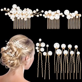 Kiiwah Pack of 13 Wedding Hair Accessories, Pearls Bridal Hair Pins, Gold Bridal Jewellery, Hair U-shaped Wedding Hair Clips for Women and Girls