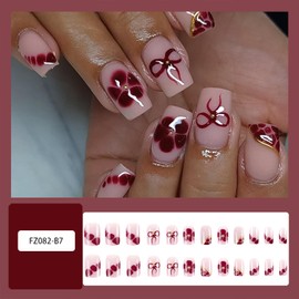 Vopintpy Red Flower Bow Press on Nails Short Square Fake Nails with French Tip Design Glue on Nail Glossy Full Cover Artificial Stick on Nail for Women DIY Acrylic Manicure