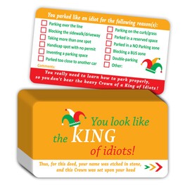 Bad Parking Cards - 100Pcs - You Parked Like an Idiot Cards - Funny Parking Violation Tickets with Multi Violation Reasons (3.5 x 2 Inches) - “You Look Like The King of Idiots”