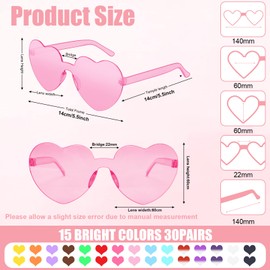 Loccmat 30 Pairs Heart Shaped Rimless Sunglasses,Candy Color Frameless Glasses,Transparent Heart Sunglasses for Women (10 Multicolor)