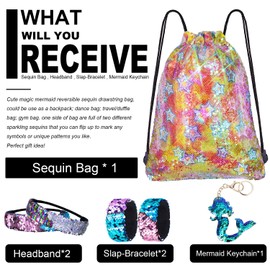 Mermaid Reversible Sequin Drawstring Backpack/Bag Clear Iridescent Sequin+ Star Shape Spotted Fabric for Kids Girls