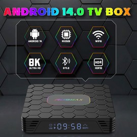 Android TV Box with Quad Core ARM Cortex A53 CPU 4GB RAM 64GB ROM,Smart TV Box Android 14.0 Support WiFi6 HDR10 3D 8K Decoding UHD 2.4G/5G Dual WiFi Ethernet Bluetooth5.0 TV Box