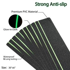 COSIMIXO 30" X 6"(10-Pack) Anti Slip Traction Treads with Glow in The Dark Stripe,Best Grip Tape Non Skid, Outdoor Anti-Skid Tape, High Traction Friction Abrasive Adhesive for Stairs Step