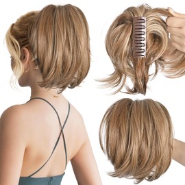 MFDYMYGS Messy Bun Hair Piece Claw Clip, Messy Bun Hair Piece with Bendable Metal,Short Ponytail Extensions Hairpieces for Women (Ash Blonde)