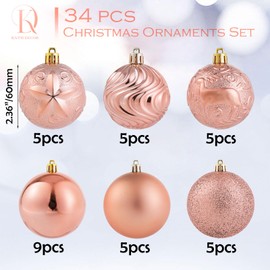 Christmas Ball Ornaments Rose Gold Christmas Tree Decorations with Hang Rope-Shatterproof Christmas Ornaments Set in Medium Size (34ct, 2.36"/ 60mm)
