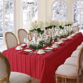 Newbridge Christmas Satin Stripe No-Iron Soil Resistant Fabric Holiday Tablecloth, 60" x 144" Oblong, Red