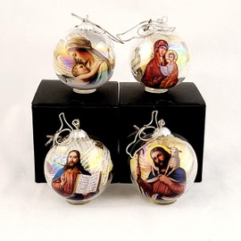 Set of 4 Pearl-Each 60mm - Iridescent Glass Ornaments with Antique Bible Fillings – Religious Christian Ornaments Featuring Jesus, Saints, and Virgin Mary