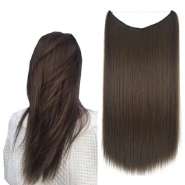 LaLuLoLi Hidden Invisible String Synthetic Hair Extensions One Piece Secret Wire Hairpiece With Transparent Fish Line No Clips No Tape #8 Black Brown Color 22" 80g Natural Hair for Women Girl