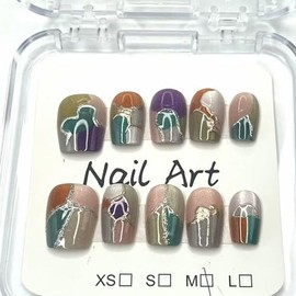 10Pcs Colorful Press on Nails Handmade Fake Nails Medium Square Acrylic Glue on Nail Glitter Gloss False Nails with Grid Designs Natural Reusable Artificial Stick on Nail for Women (Size M)