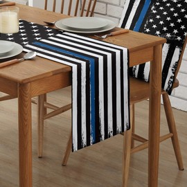 Thin Blue Line Black Table Runner - Cotton Linen 36 Inches Long, American Police USA Flag Dress Scarves, Rustic Table Runner for Dining/Coffee/Holiday Table, Gift for Law Enforcement