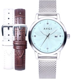AVGI Women's Date Waterproof Watch with Replacement Band, Silver Blue + White + Brown + Bracelet, Bracelet Type