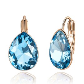 Teardrop Austrian Crystal Leverback Drop Earrings for Women 14K Rose Gold Plated Hypoallergenic Jewelry (Aquamarine)