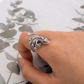 Inilbran Boho Lizard Finger Ring Silver 3D Lizard Open Ankle Vintage Gecko Wrap Chameleons Adjustable Stacking Jewellery for Women, Zinc, No Gemstone