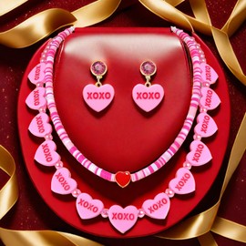 boderier Valentine's Necklace for Women Layered Candy Conversation Heart Choker Necklace Heishi Pearl Beaded Necklace Candy Heart Earrings Valentines Gifts for Her (Style B)