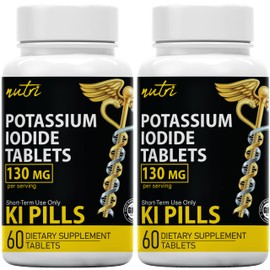 Potassium Iodide Tablets 130 mg (Pack of 2) - (120 Tablets) 10 Year Shelf-Life EXP 2034 to 2035 - Ki Pills - Yoduro de potasio - Nutri Supplements - 3rd Party Tested - NSF cGMP Certified Facility