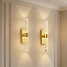 Weaboopre Gold Battery Operated Wall Sconce with Remote, Dimmable Crystal Sconces Wall Decor Set of 2, Wireless Rechargeable Wall Lights for Living Room, Bedroom, Hallway