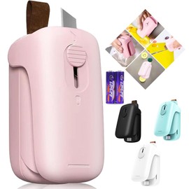 Boxonly FD White Mini Bag Sealer, 2-in-1 Heat Sealer and Cutter with Magnetic Back, Lanyard, and Battery Included, Handheld Bag Resealer for Plastic Bags, Snack Bags, Food Storage - Pink Color