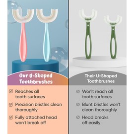 U Shaped Toothbrush Kids 6-12 Years - Two Soft Toothbrushes, Travel Case & Sensory Toothbrush - Rounded Kids Size Head - 1 Pink, 1 Blue