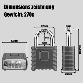 4-Digit Heavy Combination Lock, Diyife 52 mm Padlock with 8 mm Thick Shackle, Security Lock Made of 304 Stainless Steel, Waterproof and Theft-Proof for Yard, Fence, Garages, Gates - Grey