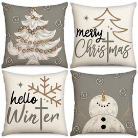 Heirloom Haven 4pcs Christmas Pillow Covers Decorations, 18x18in Gray White Xmas Tree Snowman Pillow Case Winter Throw Pillow Covers Holiday Seasonal Cushion Case Decorations for Couch Sofa Home Decor