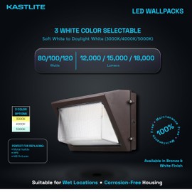 KastLite 3 Way LED Wall Pack Light 12,000-18,000 Lumens |80/100/120-Watt LED Outdoor Wallpack | Photocell Dusk to Dawn, Energy Saving, Waterproof Parking Lot Warehouse Flood Security Lighting, Bronze
