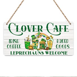 St Patricks Day Decorations Door Sign for Home, Clover Cafe Irish Coffee Hanging Sign for Rustic Farmhouse, St Patricks Day Front Door Wall Home Decor 8 X 10 Inch