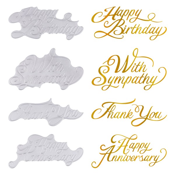 GLOBLELAND 4Pcs Words Silver Hot Foil Plate Happy Birthday Thank You Dies for Card Making DIY Scrapbooking Photo Album Decor Embossing Paper Crafts