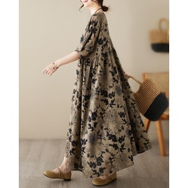 ellazhu Women's Summer Short Sleeve Maxi Length Solid Colord Floral Printed Patchwork Dress GA2677 Khaki