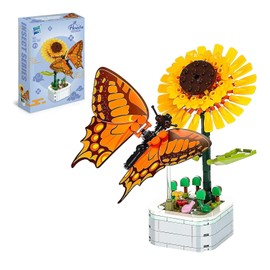 LNSYSNS Flower Clamping Blocks, Sunflower Flower Building Blocks Set, Clamping Blocks Flowers with Plastic Butterfly, DIY Building Toy Sets Bouquet Building Block