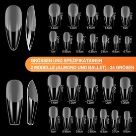 ZIFUTON Tips for Gel Nails, 384 Pieces, Nail Tips Set, Ballerina & Almond, Artificial Nails, Short Press On Nails, Fake Nails, Gel x Nail Tips, Full Cover Nail Tips for Nail Studios, Starter DIY, 24