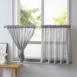 NSXIN Set of 2 Net Curtains, Semi-Transparent Bistro Curtains, White Window Curtain, Half Kitchen Curtains, Window Curtain for Small Windows, Kitchen, Living Room, Country House (Grey, W 90 x H 45 cm)