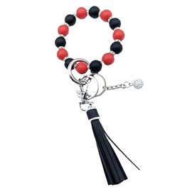 Unpafcxddyig Wristlet Bracelet Keychain Silicone Beads with Leather Tassel Rhinestone Key Rings Silver for Women,black red