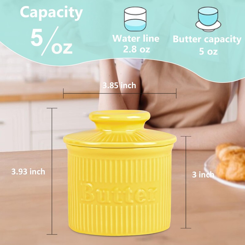 Yellow French Butter Holder with Water Line for Table and