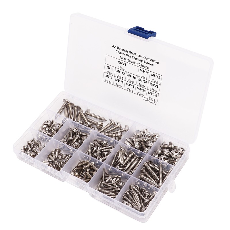240Pcs Self Tapping Screws Cross Pan Head Stainless Steel M3