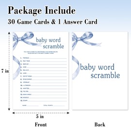 TRKAE Baby Word Scramble Game Set, 30 Blue Bow Baby Shower Party Game Cards with Answer Card, Gender Reveal Party Announcement & Activities Supplies -B05