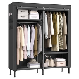 SONGMICS Wardrobe Closet, 65 Inch Heavy Duty Portable Closet, Freestanding Closet Organizer, Clothes Rack with Cover, 2 Hanging Rails, 3 Shelves,4 Side Pockets,Black URDR301B02
