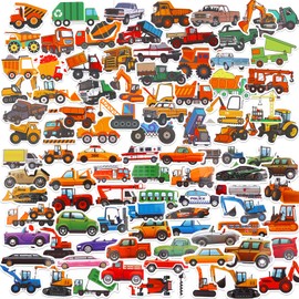 Construction Vehicle Stickers for Kids Boys Children - Including Truck, Tractor, Excavator, Crane, Bulldozer, Digger, and Assorted Car Sticker Decals, Party Favors, Pack of 100