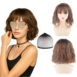 AYNKH Short Bob Brown Fringe Wig for Women with Accessories, Includes Wig Cap, Necklace, and Sunglasses, Suitable for Daily Travel or Attending Parties, a Fashionable Choice