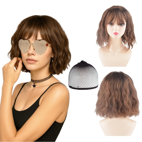 AYNKH Short Bob Brown Fringe Wig for Women with Accessories,